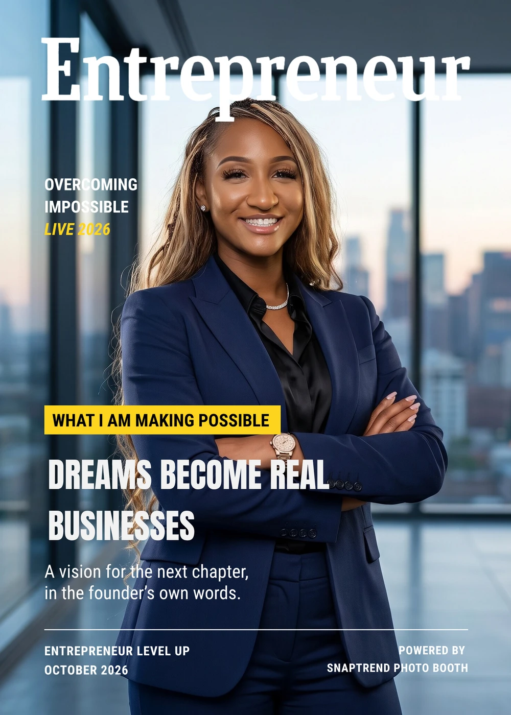 Personalized Entrepreneur magazine cover with an AI-transformed portrait and guest-selected tagline, sample 1
