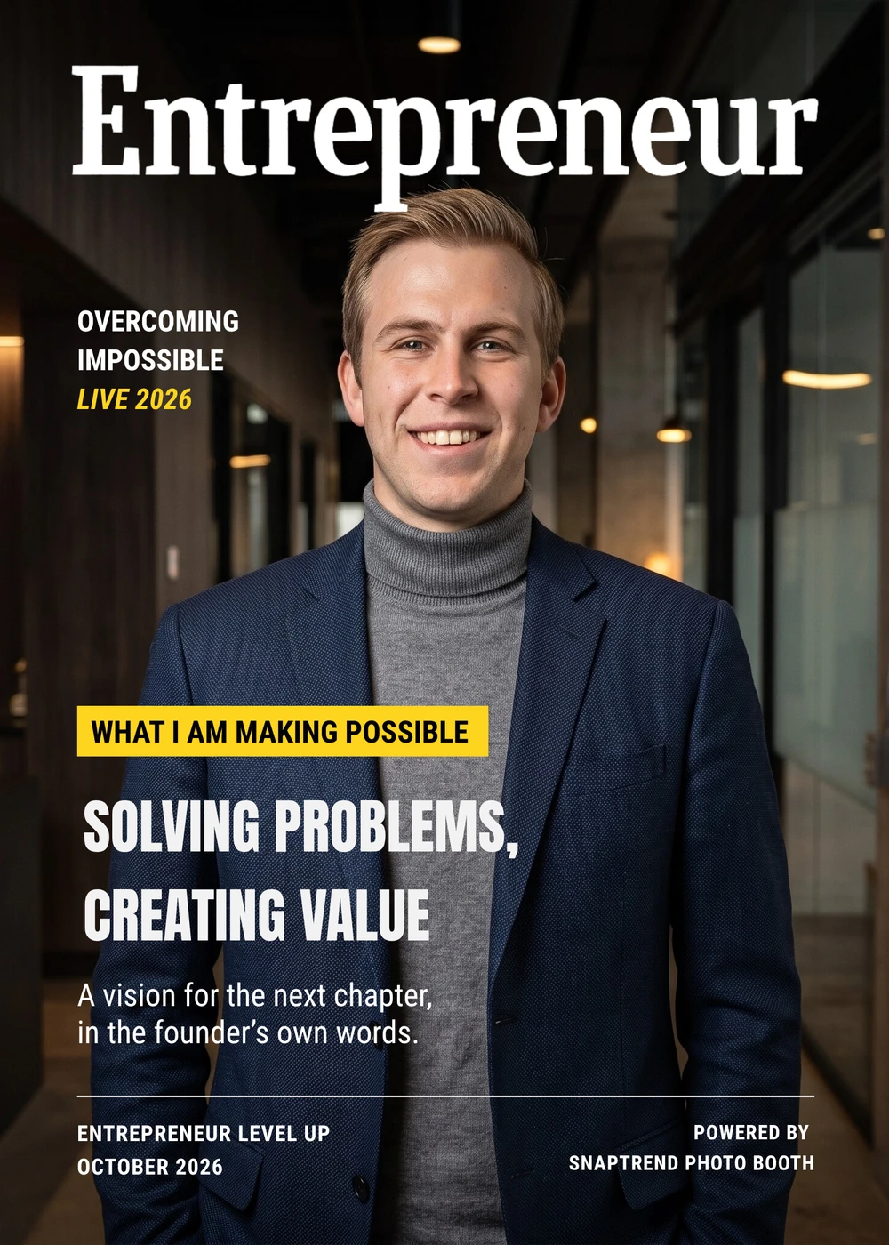 Personalized Entrepreneur magazine cover with an AI-transformed portrait and guest-selected tagline, sample 2