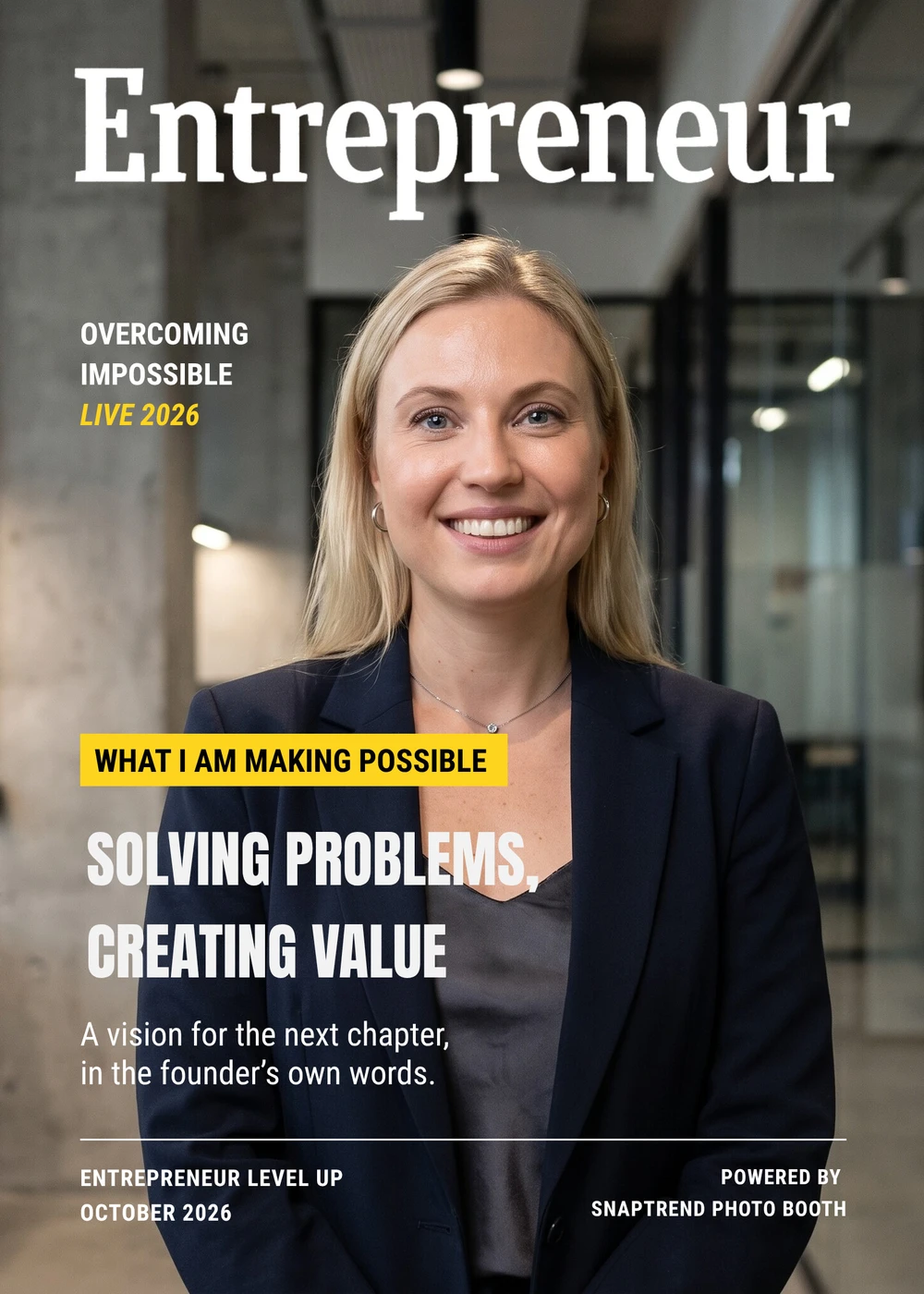Personalized Entrepreneur magazine cover with an AI-transformed portrait and guest-selected tagline, sample 3