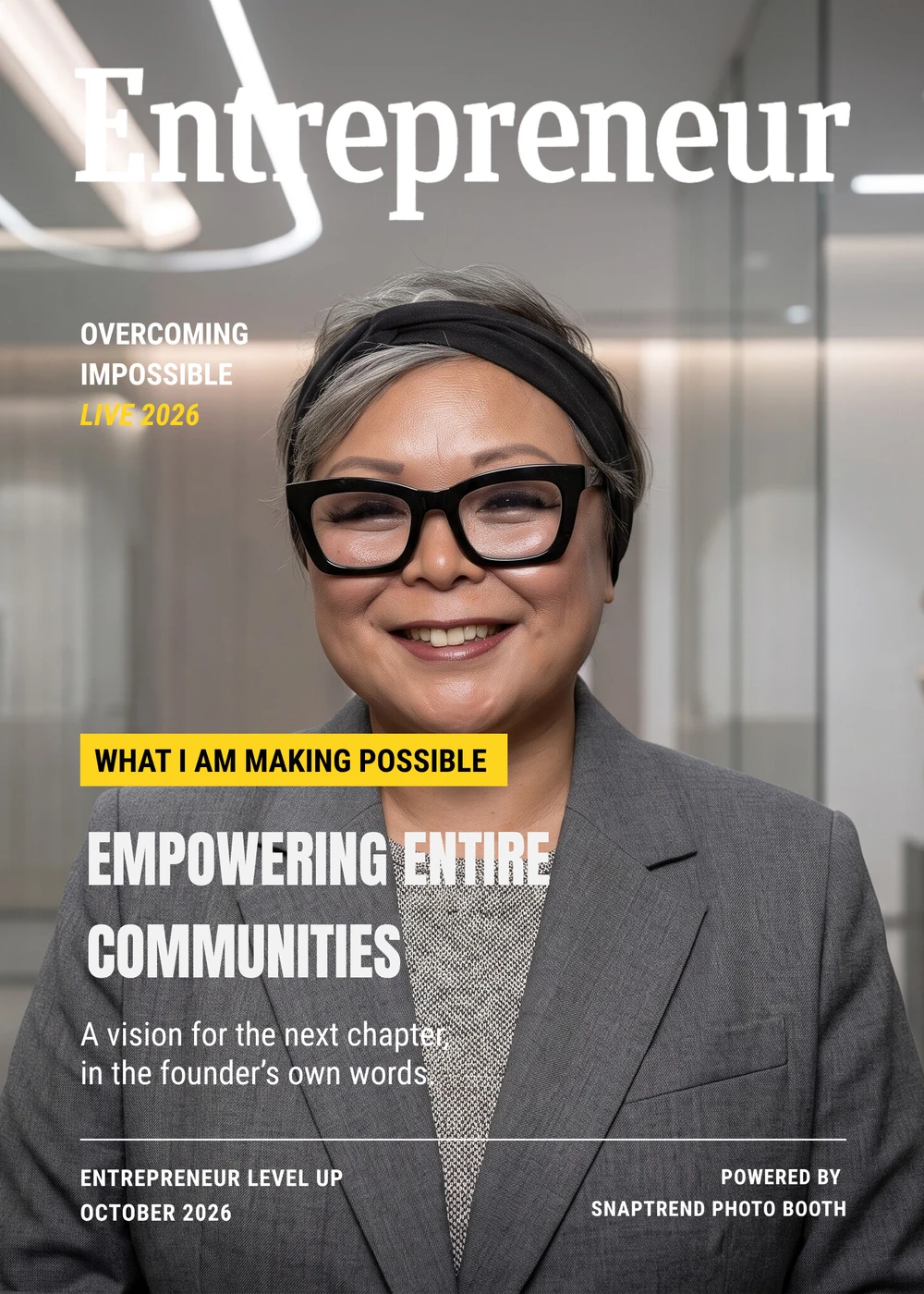 Personalized Entrepreneur magazine cover with an AI-transformed portrait and guest-selected tagline, sample 4