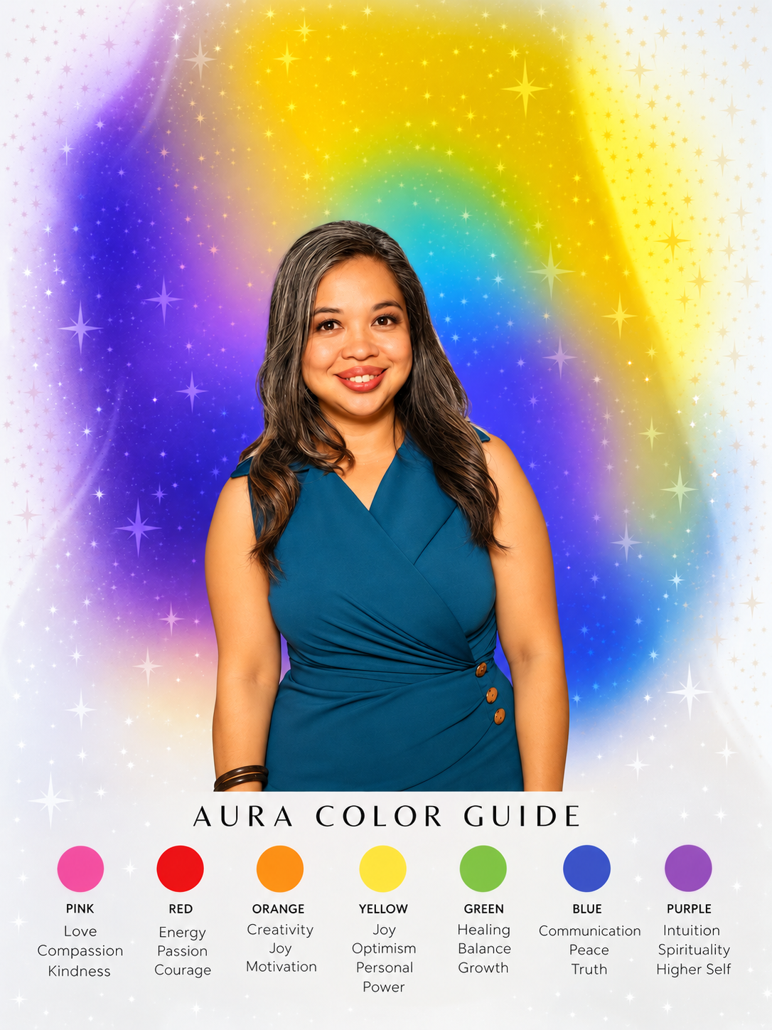 Aura Booth portrait of a woman in a teal dress framed by rainbow aura colors, shown with the Aura Color Guide