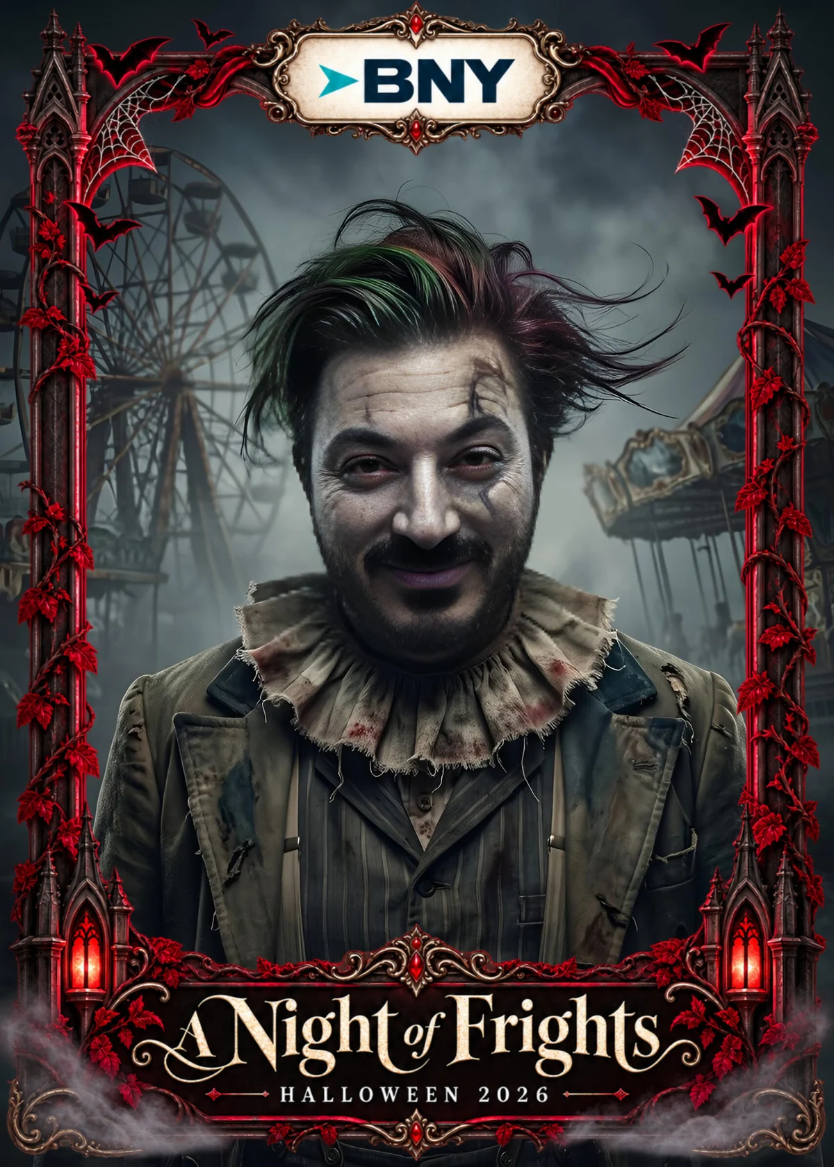 An individual Creepy Clown AI portrait with BNY A Night of Frights artwork