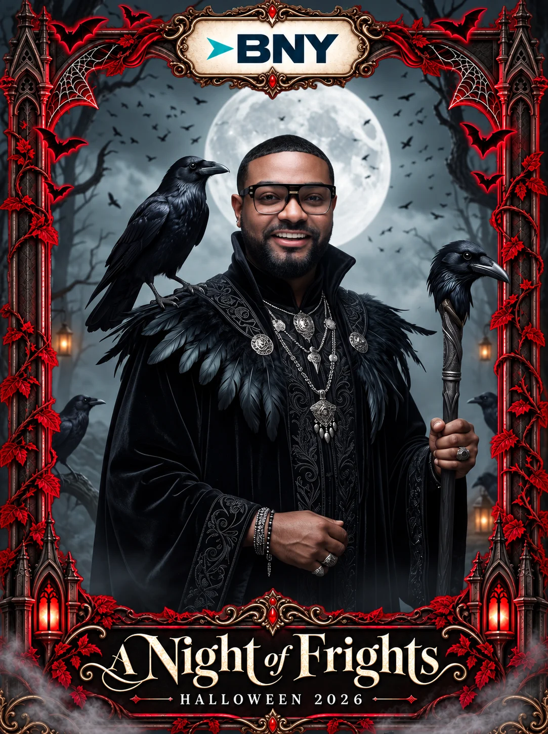 An individual Crow King AI portrait with ravens and a moonlit background