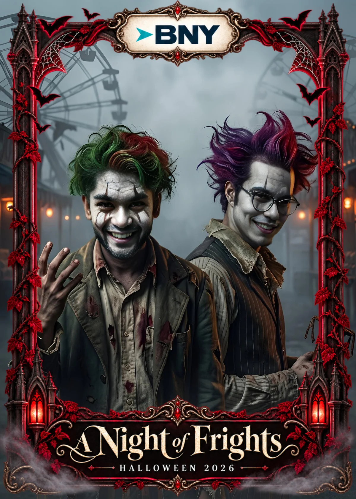 Two guests transformed into Halloween clown characters in a BNY group AI portrait