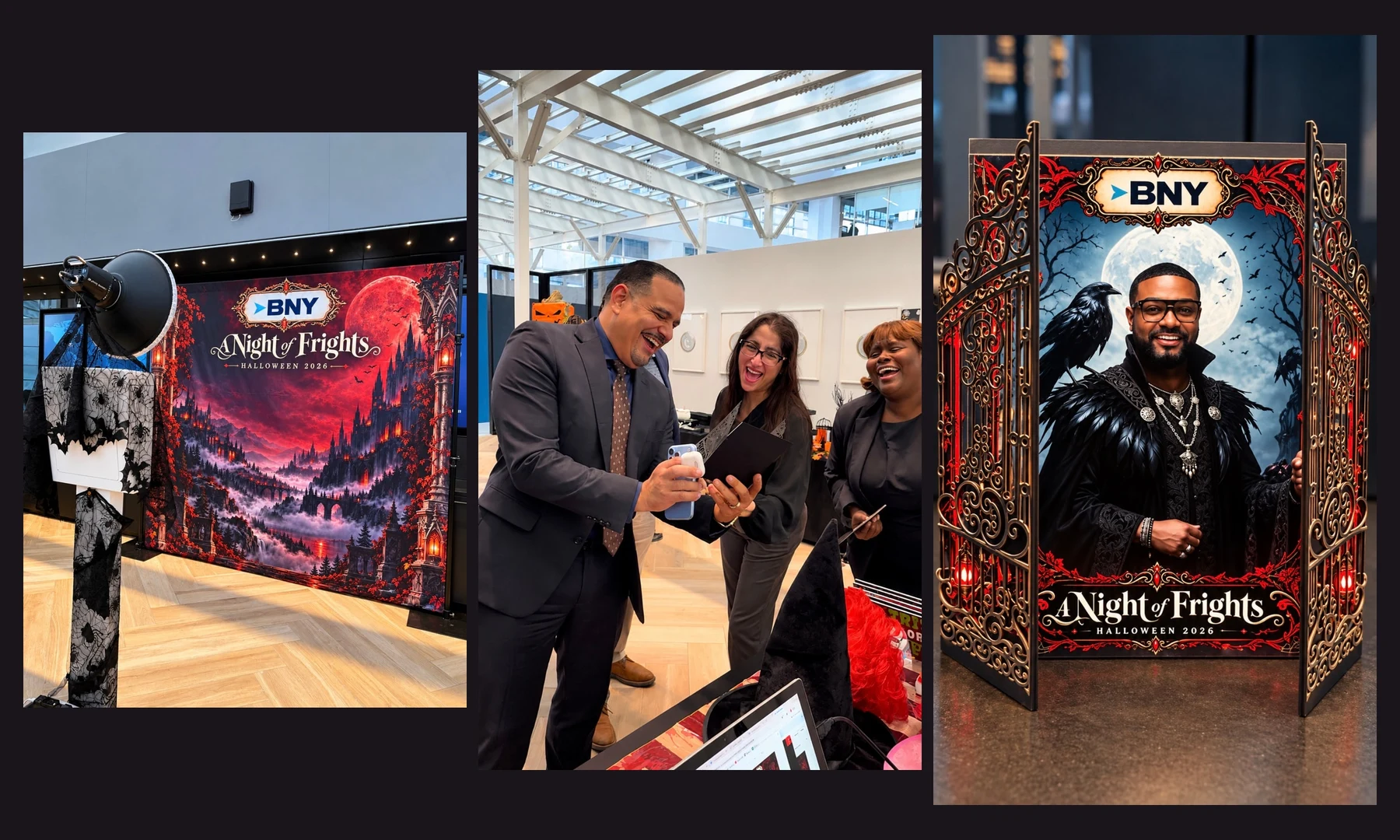 BNY’s New York Halloween celebration: the decorated booth, guests laughing and a framed portrait