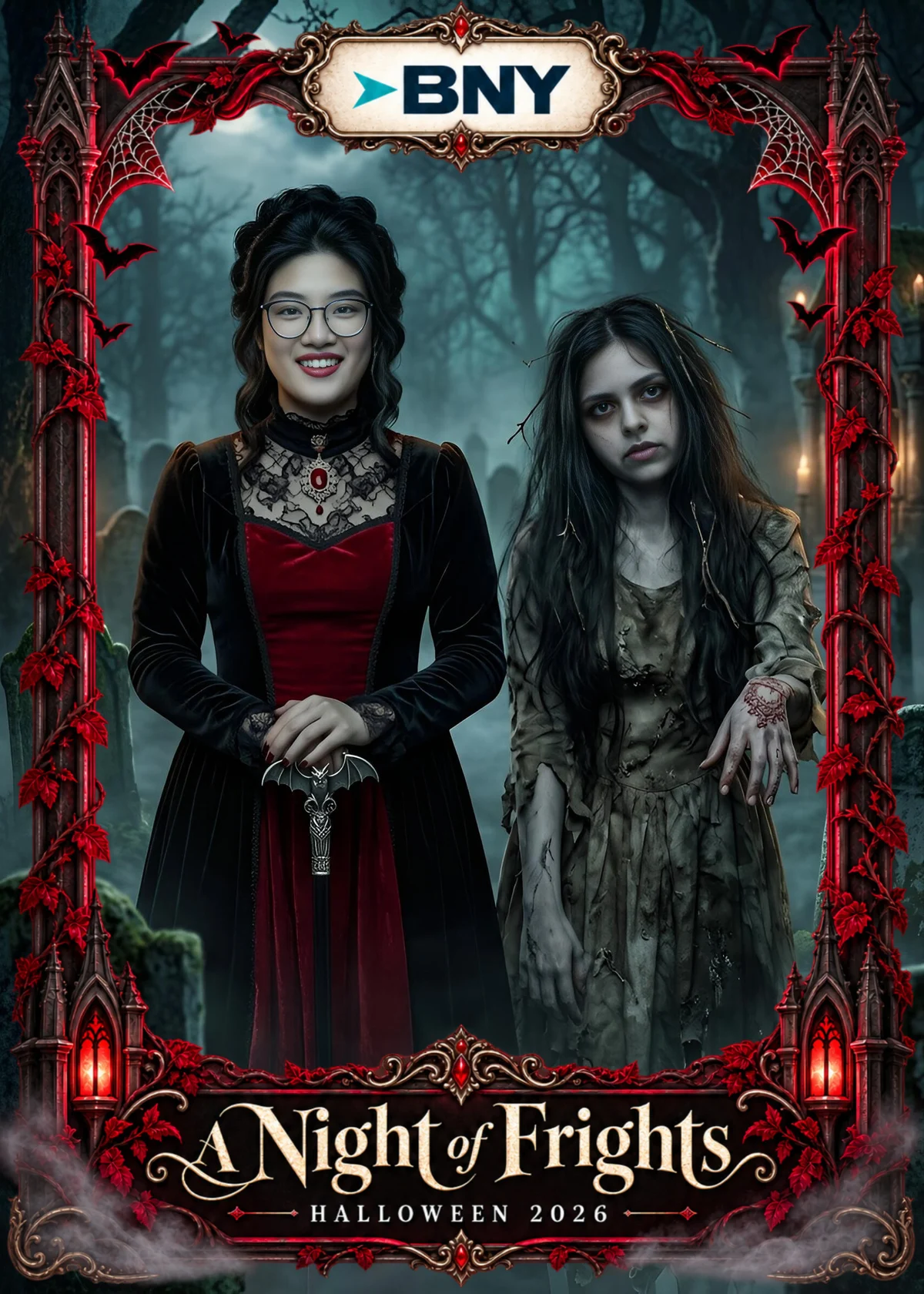 Two guests transformed into Halloween characters in a BNY group portrait with A Night of Frights artwork