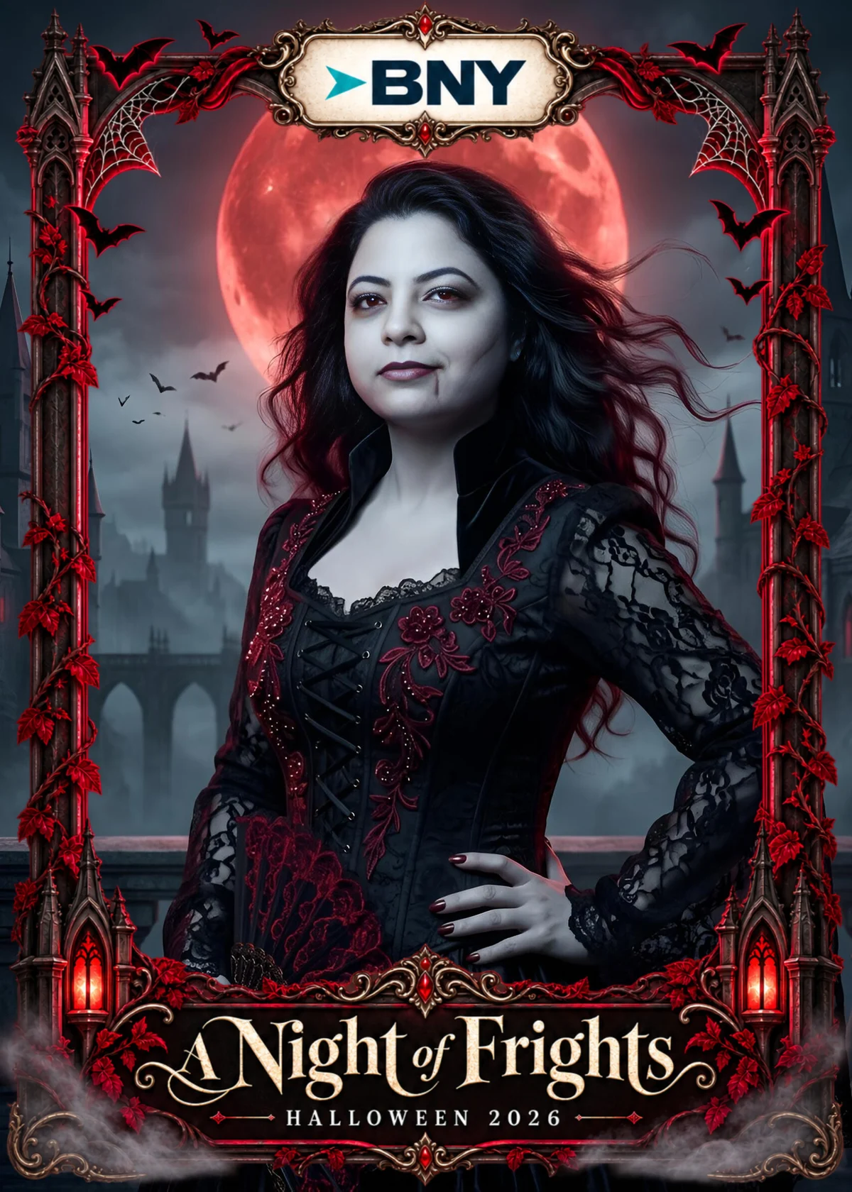 An individual Vampire AI portrait against a red moon, framed by BNY Halloween artwork
