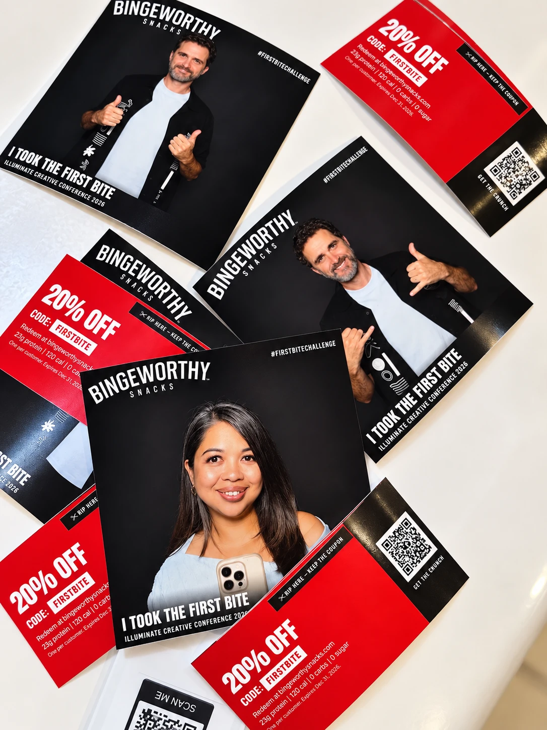 Supplied print example showing branded guest photos alongside a red tear-off coupon and QR code