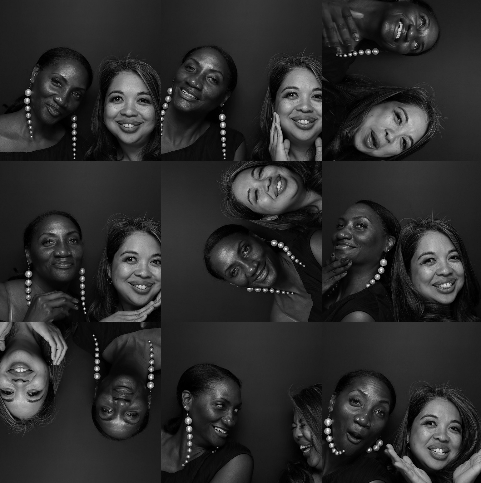 Two guests posing together in an original nine-frame black-and-white Paparazzi Portrait, with playful expressions and changing orientations.