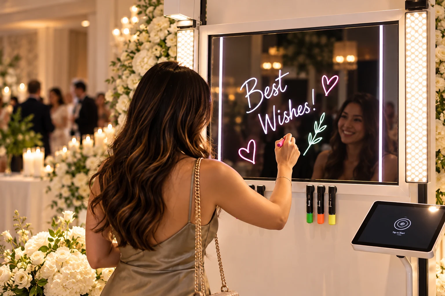 Wedding guest leaving Best Wishes on a white Scribble Booth surrounded by flowers.