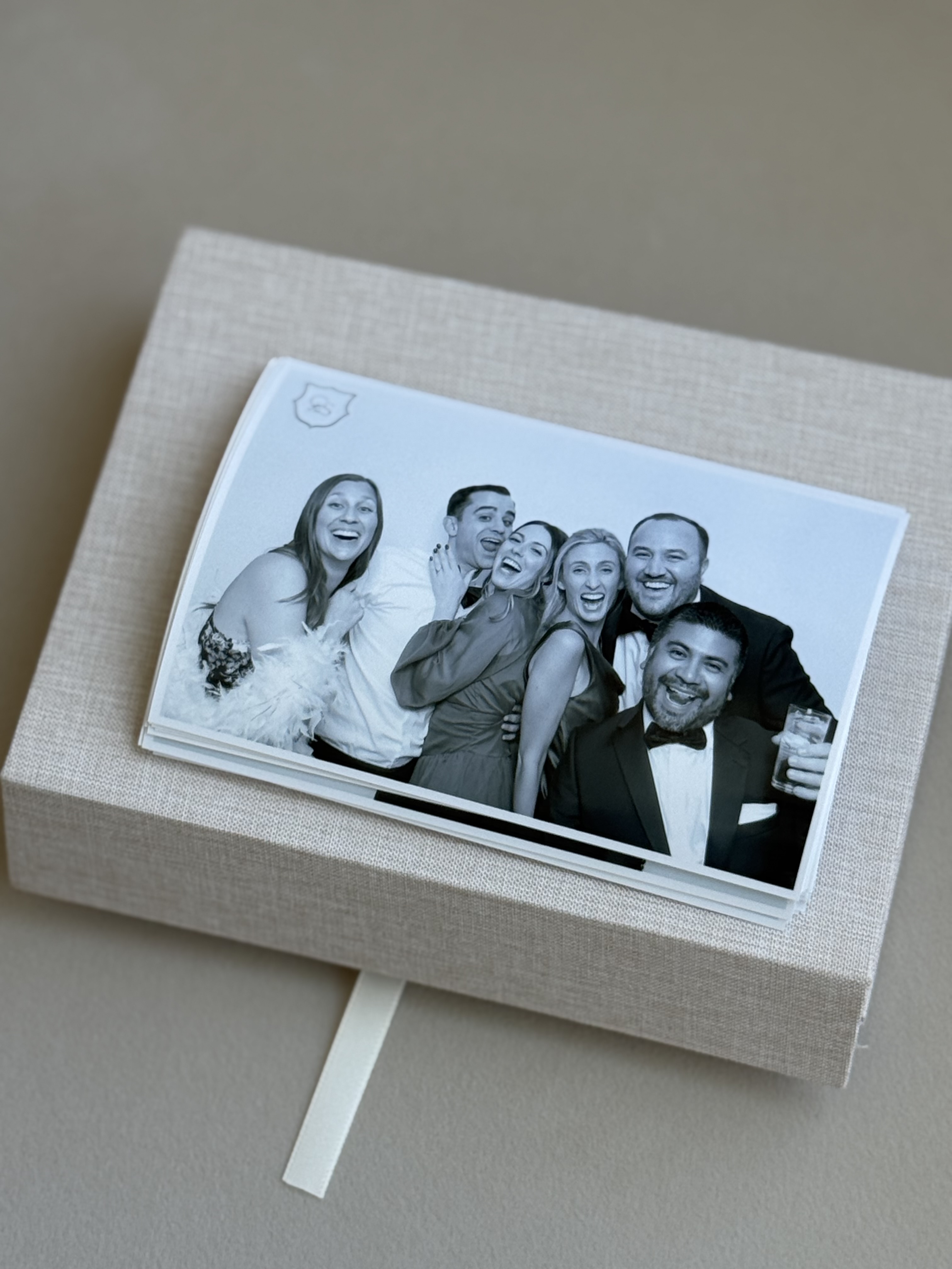 Bespoke black and white wedding prints presented in a linen keepsake box