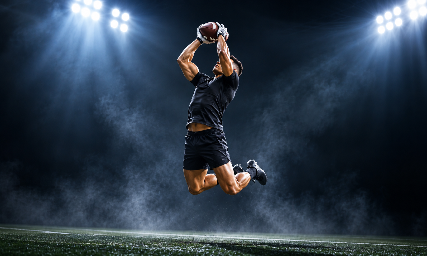 Illustrative sports still showing a player suspended in midair beneath stadium lights