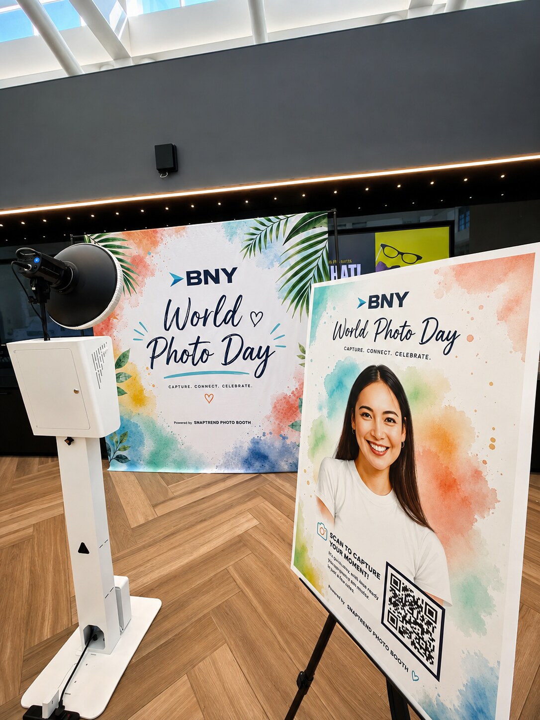 Custom BNY World Photo Day backdrop and QR check-in