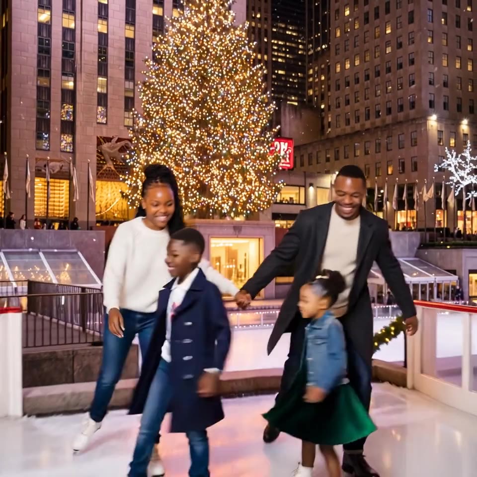 Family skating beneath holiday lights in an AI video preview