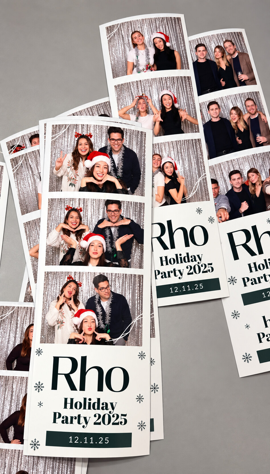Printed photo strips from a 2025 holiday party