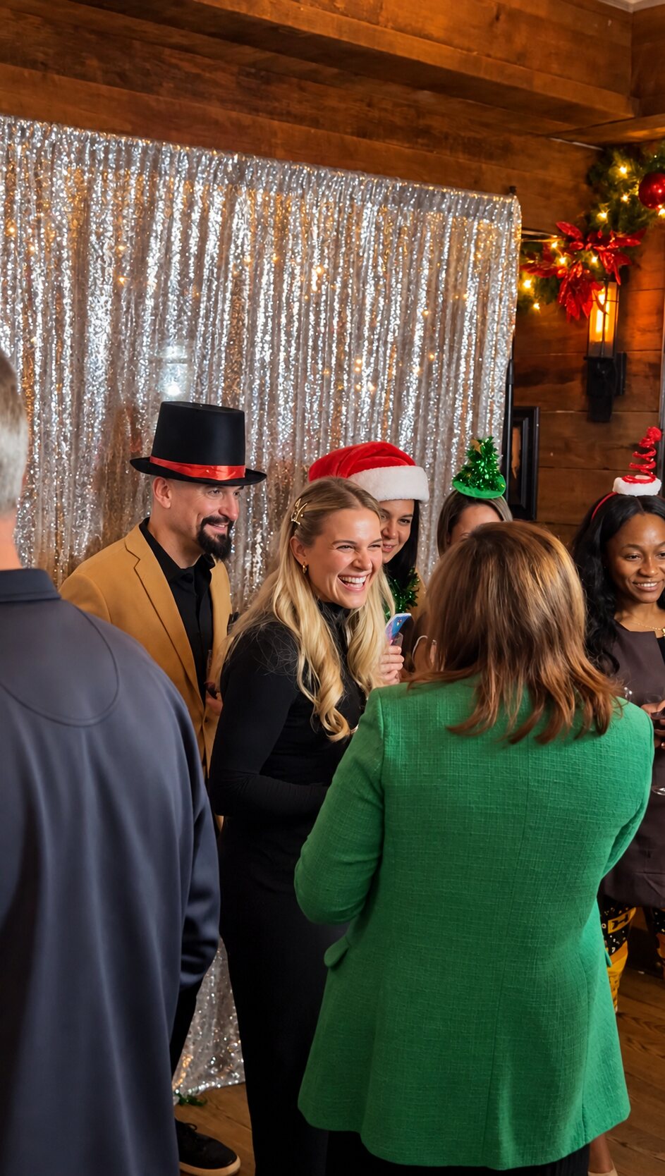 Guests laughing in holiday hats beside a shimmering silver photo backdrop
