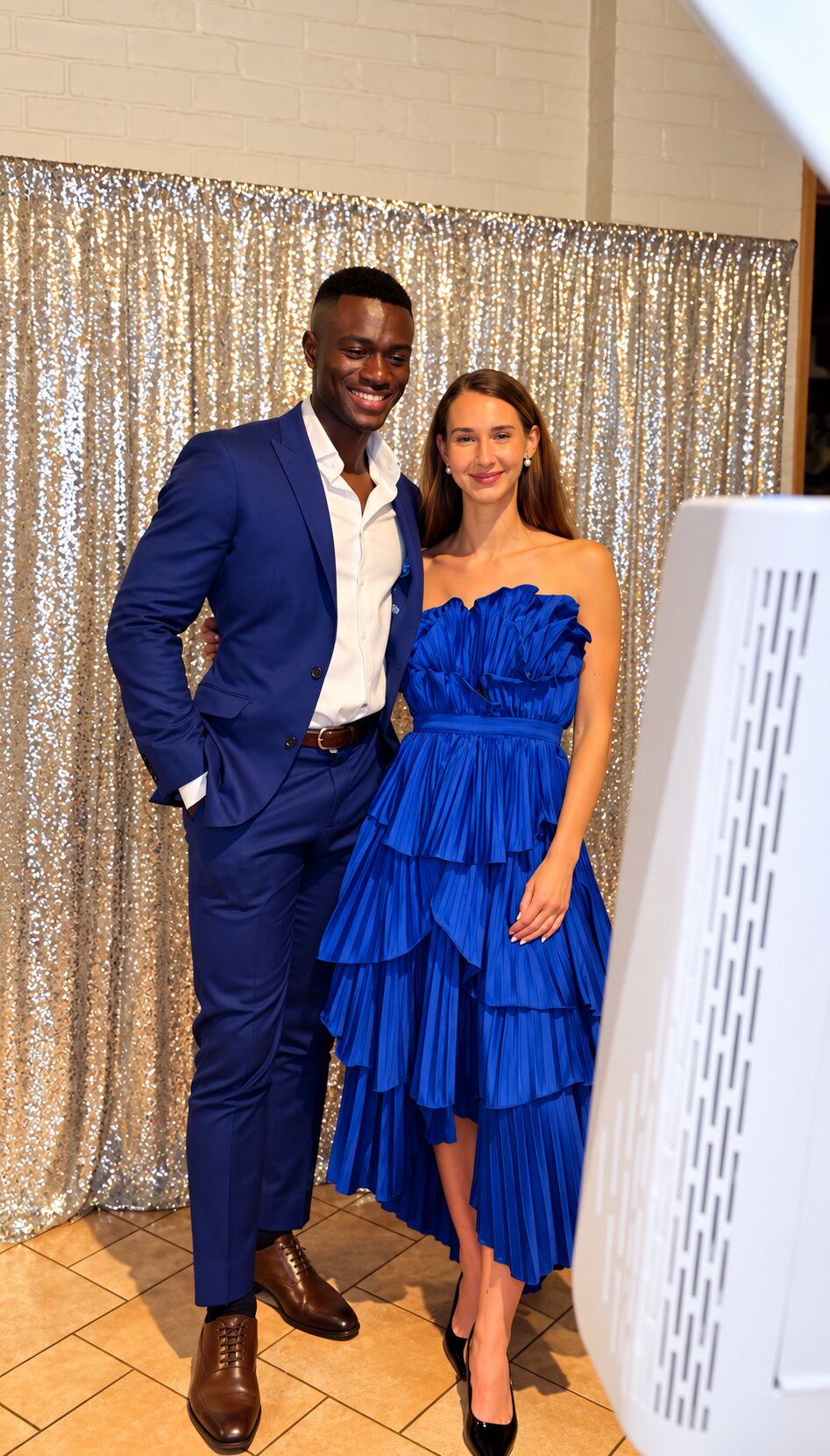 Two guests dressed in blue posing at a holiday photo booth