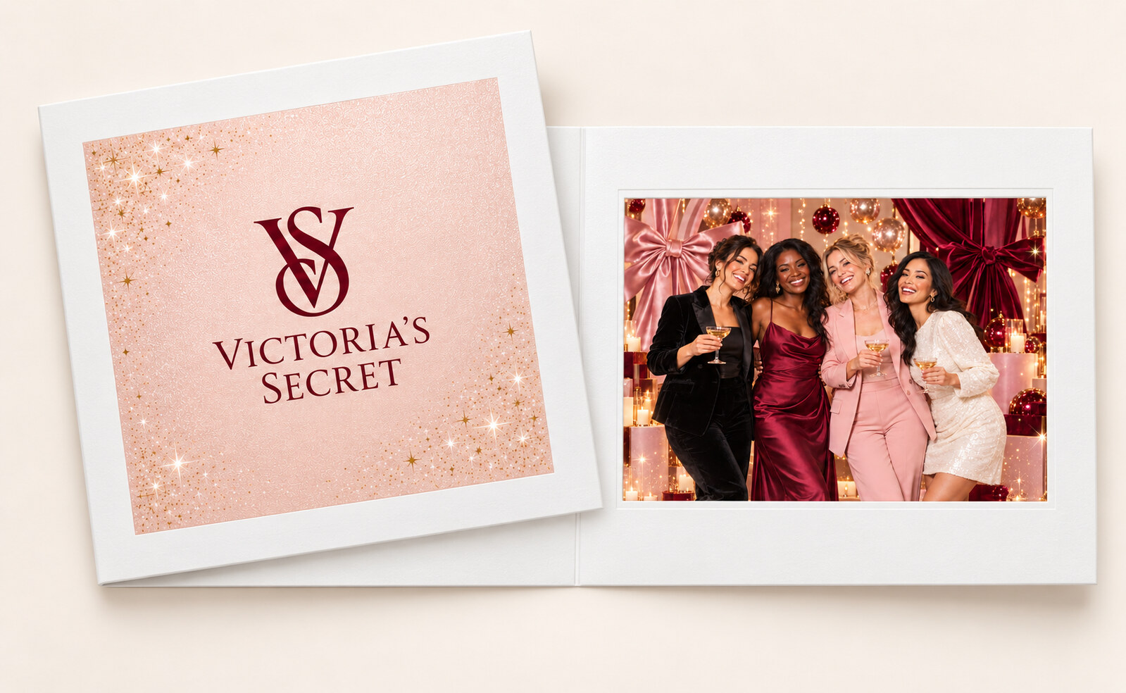 Open custom holiday photo folder with a branded cover and a printed group photo