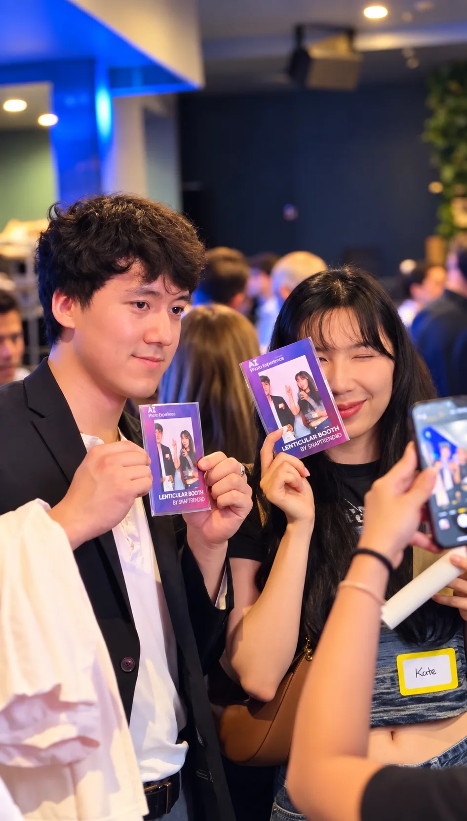 Conference guests showing their photo keepsakes while another guest takes a picture