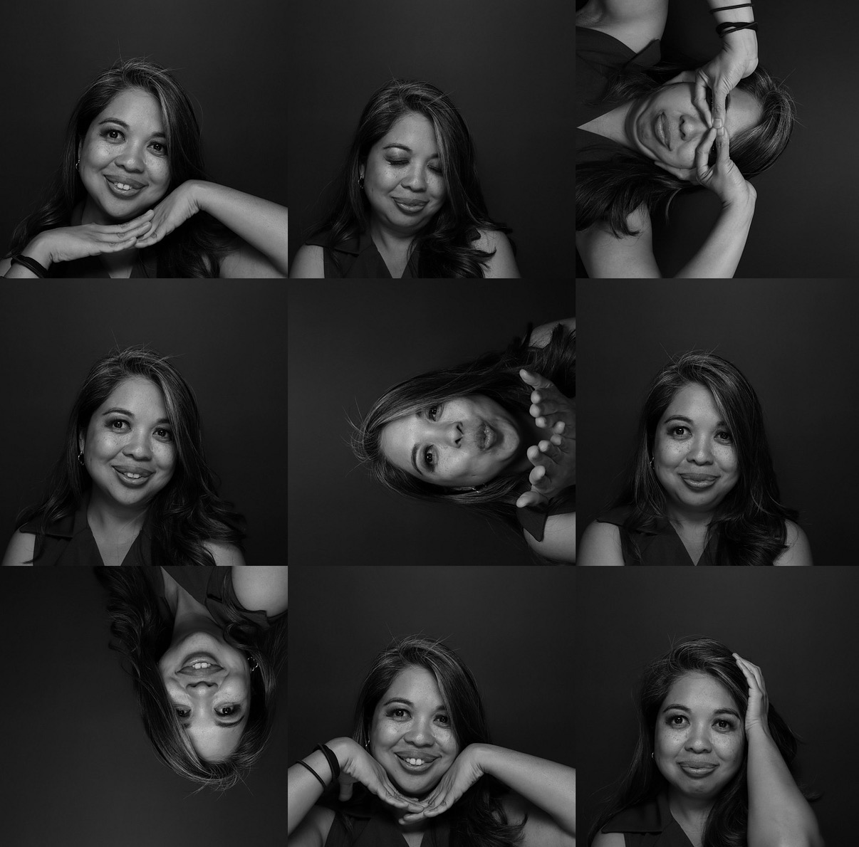 The original Paparazzi Portrait: nine black-and-white frames capture a guest smiling, turning, laughing and changing expressions.